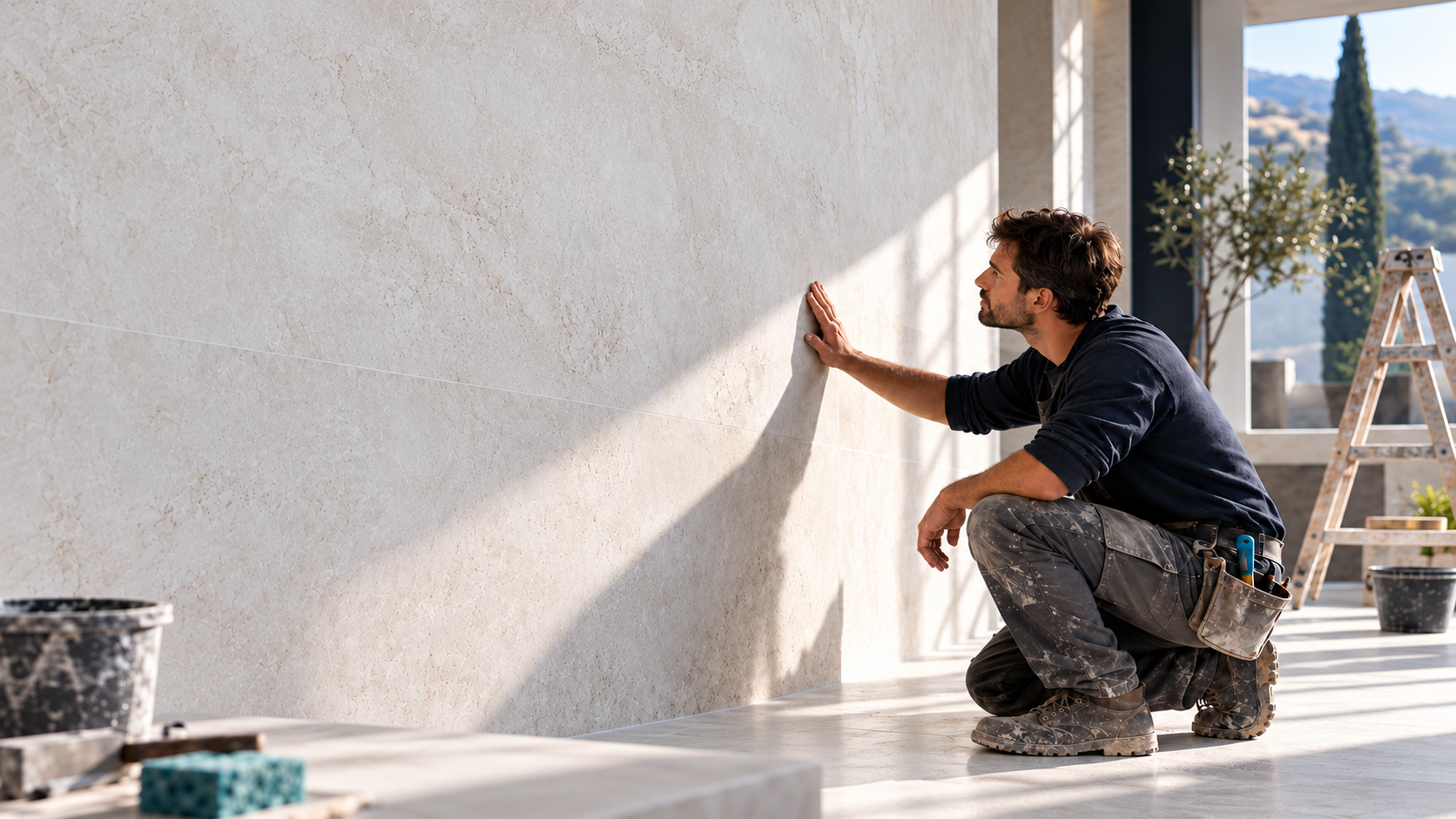 Illustration d’un artisan inspectant une paroi en pierre claire