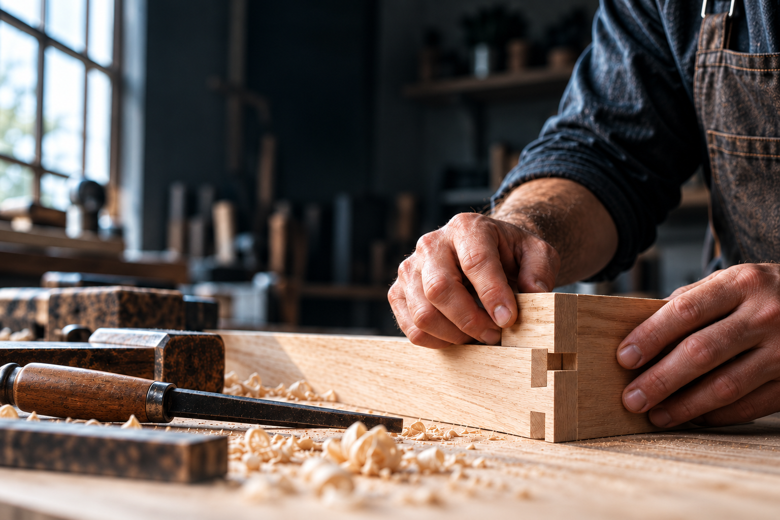 Illustration de mains assemblant une pièce de bois dans un atelier